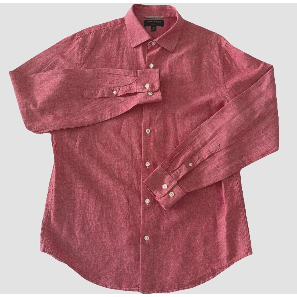 Banana Republic Mens M Linen Shirt Red Slim Fit Long Sleeve Preppy Beach Resort